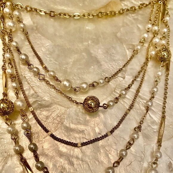 Gold Tone and Pearl Multi Strand 1928 Necklace - Picture 5 of 11